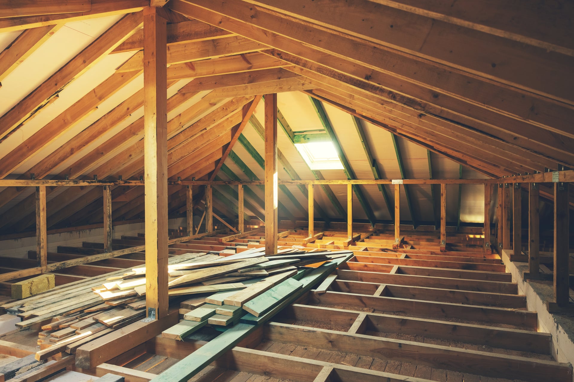 Open attic with exposed joists and skylight