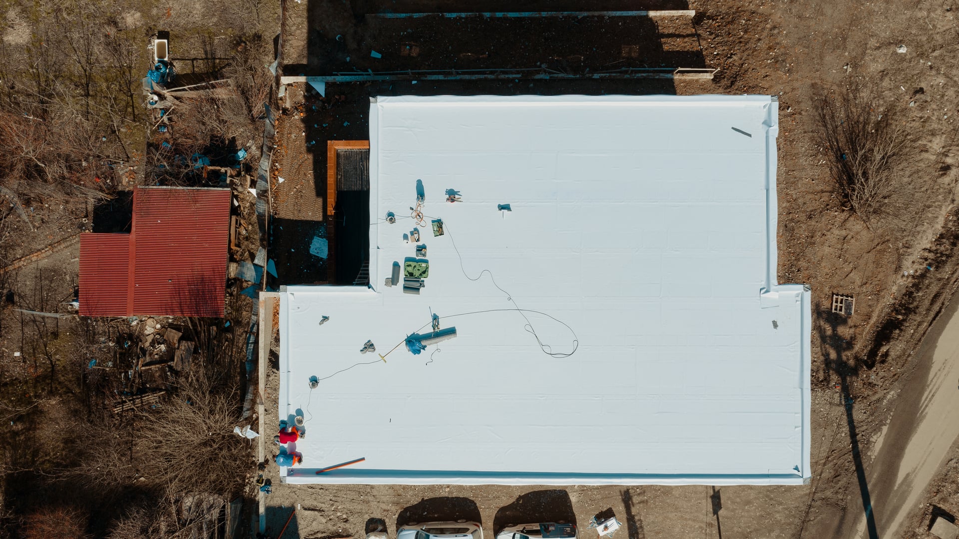 Aerial view of TPO flat roof installation