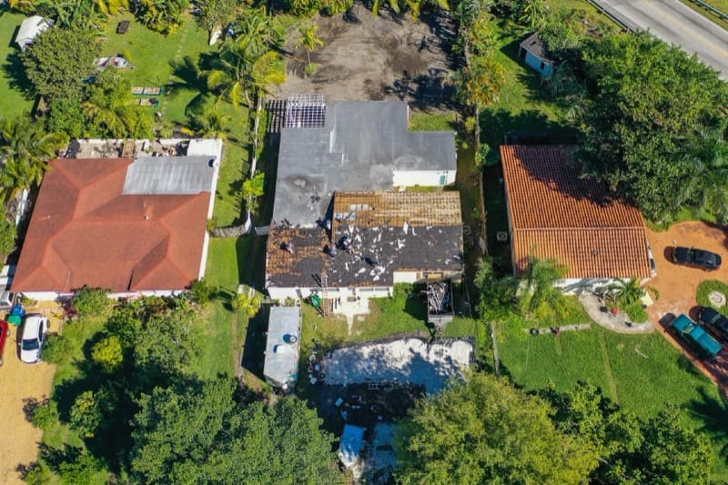 Aerial view of storm damage roof project