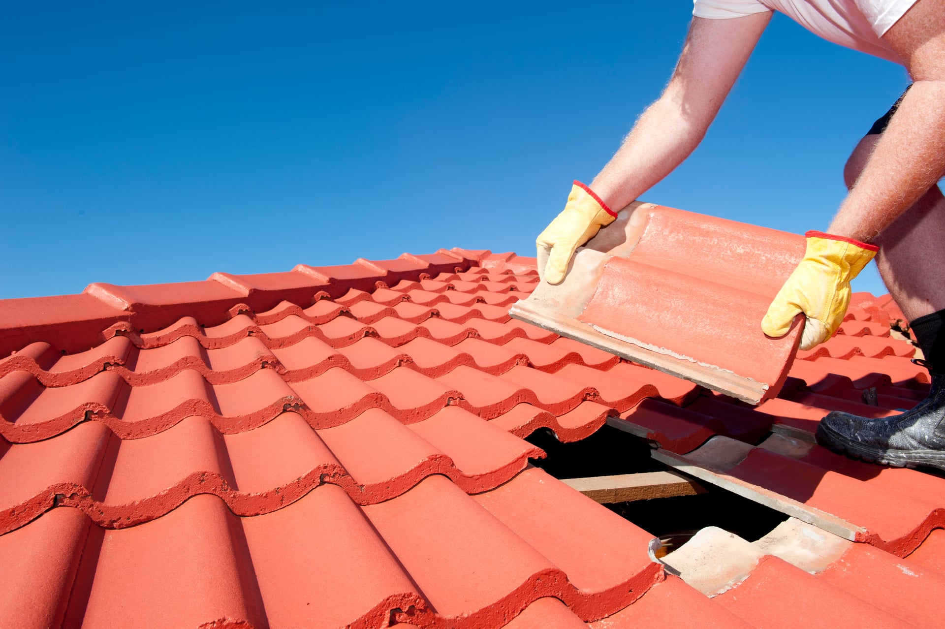 Worker installing terracotta tile